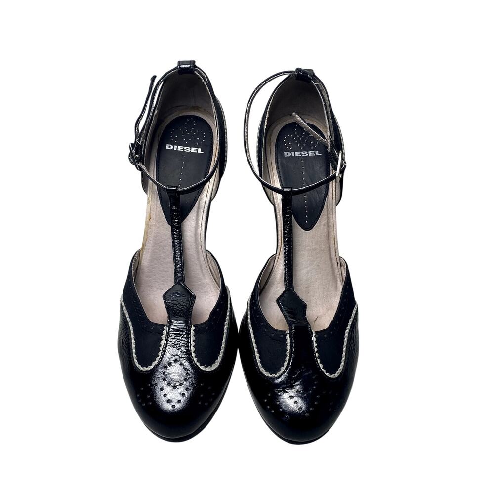 Diesel Black Genuine Leather T- Strap Wingtip Vintage Inspo Pin Up Heels Sz 9 US - Picture 6 of 16